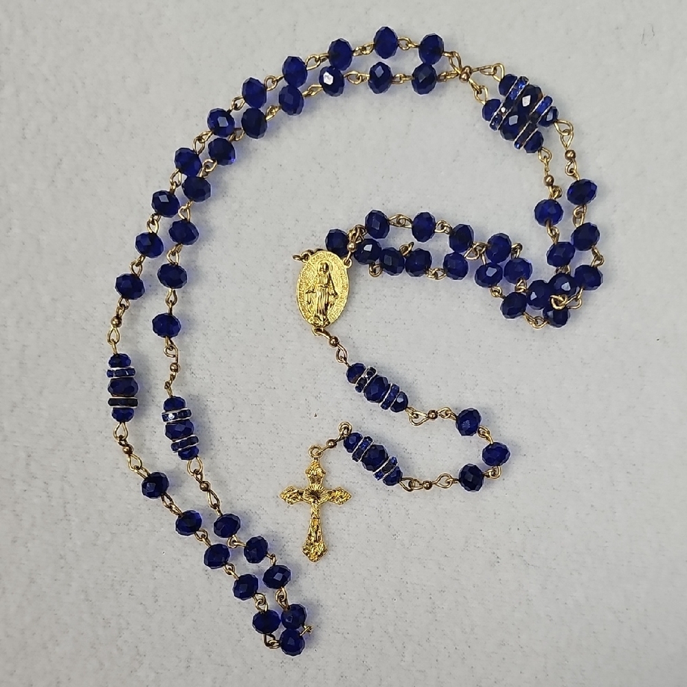 Gold-Tone Rosary Necklace with Deep Blue Beads